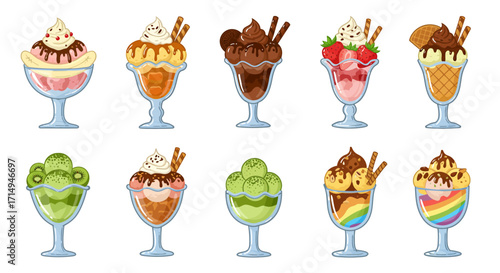 10 ice cream sundae illustrations in clear glasses varied flavors and toppings