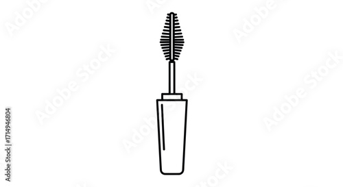 Black line art illustration of a mascara brush and tube.