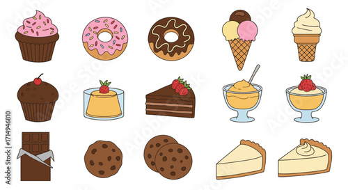 An array of desserts cupcakes donuts ice cream cake cookies and pudding are shown in a colorful stylized illustration