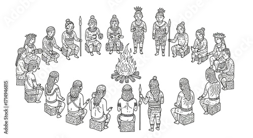 Tribal circle: intricate black and white campfire gathering