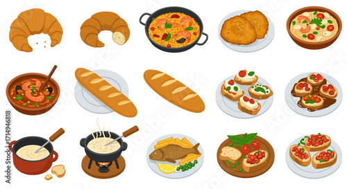 An array of culinary dishes including croissants paella fish and chips bruschetta and fondue are displayed