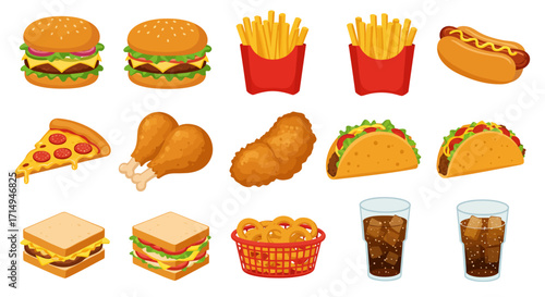 An array of fast food icons includes burgers fries pizza tacos chicken sandwiches onion rings and cola