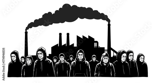 Silhouette of people in masks with industrial factory and pollution