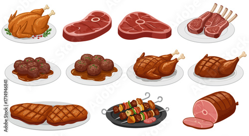 An array of meat dishes chicken steak ribs meatballs skewers  ham each presented on plates or platters