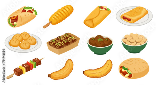 An array of diverse foods including wraps corndogs skewers dumplings meatballs bananas and other dishes arranged on a white background