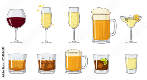 An array of stylized alcohol drinks from beer mugs to stemmed wine glasses fills the image