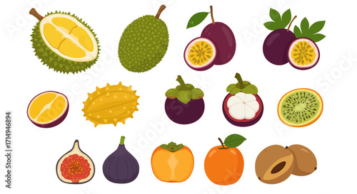 An array of vibrant tropical fruits some cut in half to reveal their interiors