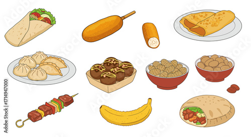 An assortment of food items including wraps dumplings takoyaki corndogs and snacks