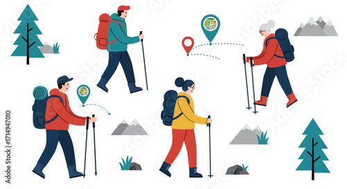 Colorful flat hiking adventure scene with modern equipment and outdoor elements