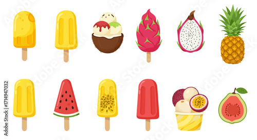 An illustration of tropical fruit flavored popsicles and desserts