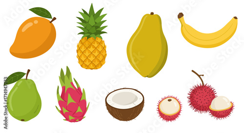 An assortment of tropical fruits including mango pineapple and dragon fruit