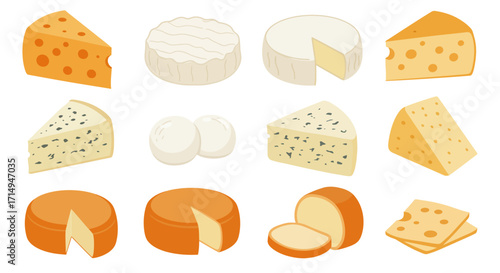An illustration of twelve different cheese types in various shapes and colors arranged in four rows