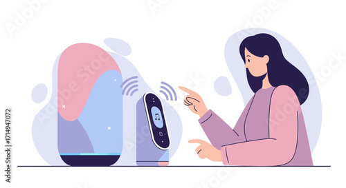 Flat smart home speaker interaction with voice assistant and user in minimali…