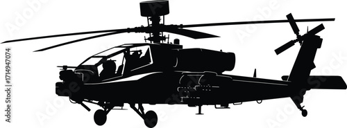 Apache helicopter silhouette, military aircraft, attack helicopter, black illustration, white background, weapon system, rotor blades, combat aviation, tactical graphic, defense icon