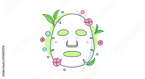 Illustrated Sheet Mask with Floral and Green Accents for Skincare.