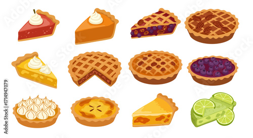 Array of diverse pies slice  whole fruitfilled creamtopped in various shapes  colors