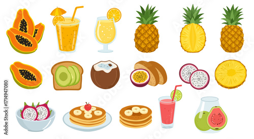 Array of fruit and food illustrations includes papaya pineapple  dragon fruit