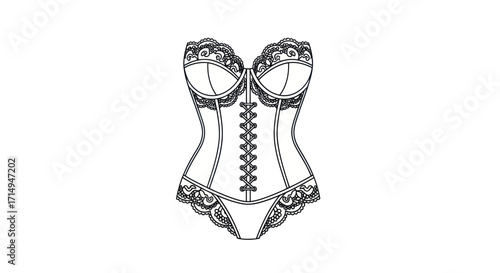 Elegant Womens Corset Line Art Illustration with Lace Trim.