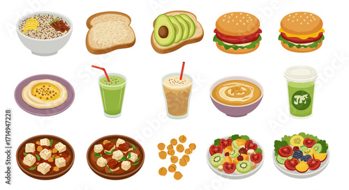 Assorted food icons including salads sandwiches soup and smoothies