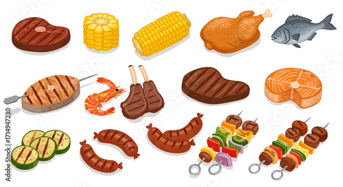 Assorted grilled foods include steak fish corn shrimp sausage lamb chops  vegetable skewers