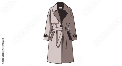 Classic beige trench coat with belted waist and dark collar.