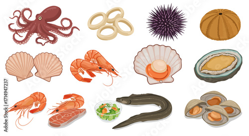 Assorted seafood octopus rings urchins scallops shrimp eel clams and abalone are showcased