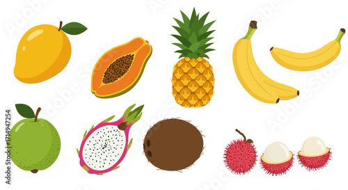 Assorted tropical fruits mango papaya pineapple banana guava dragon fruit coconut and rambutan