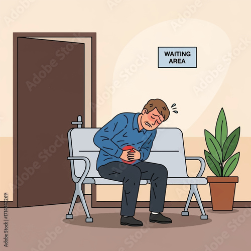 A man in a blue shirt clutches his stomach in pain while sitting on a bench in a waiting area, possibly a doctor's office.