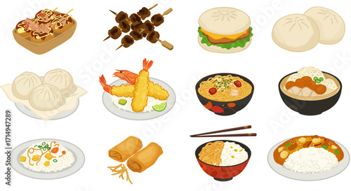 Assortment of Asian dishes takoyaki skewers buns dumplings tempura ramen rice egg rolls and curry