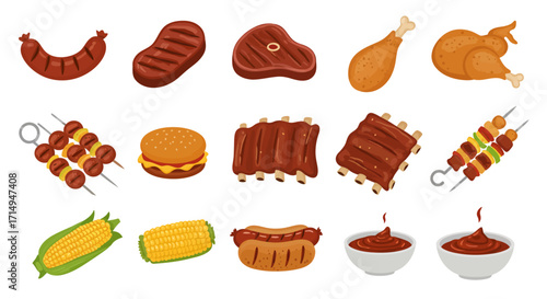 BBQ spread grilled sausage steak ribs chicken kebabs burger corn hot dog and dipping sauce
