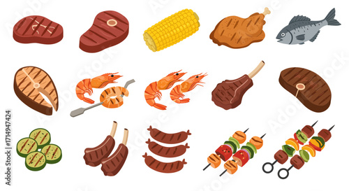 BBQ spread steak fish shrimp kabobs sausage corn ribs zucchini  chicken leg depicted