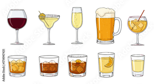 Beverage collection various alcoholic drinks in glasses
