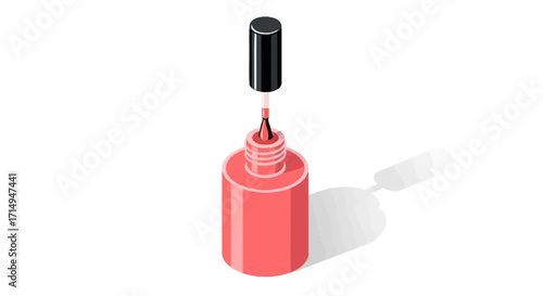 Coral Pink Nail Polish Bottle with Brush and Shadow.