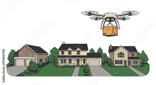 Drone package delivery over suburban homes in retro style