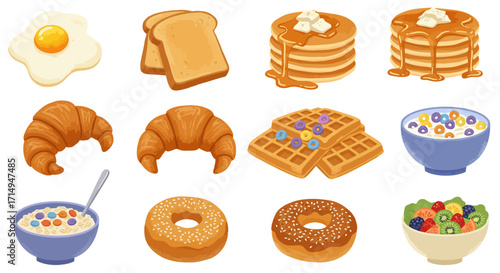 Breakfast foods are displayed including egg toast cereal pancakes bagels croissants and fruit
