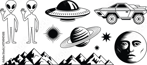 Black and white alien illustration, UFO spaceship, sci‑fi vehicle, planets, stars, mountains, moon face, extraterrestrial space art, cosmic fantasy design