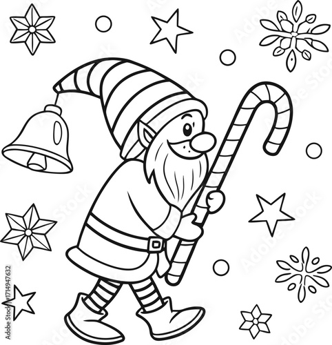 Set of cheerful cartoon Santa Claus carrying a large sack full of gifts line art silhouette vector illustration.