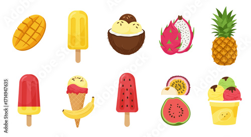 Colorful icons mango slice pineapple popsicles coconut dessert dragon fruit passion fruit watermelon ice cream cone and cup