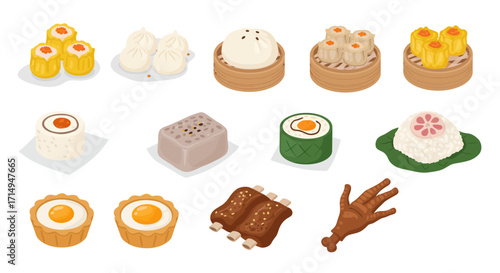 Dim sum assortment dumplings buns ribs chicken foot and tarts displayed