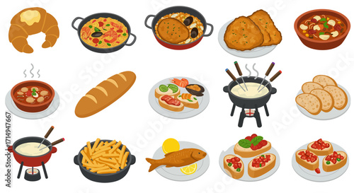 Collection of dishes croissant paella schnitzel fondue bruschetta  fried fish arranged in a culinary presentation