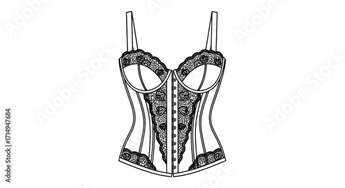 Elegant Lace Corset with Straps Detailed Fashion Illustration.
