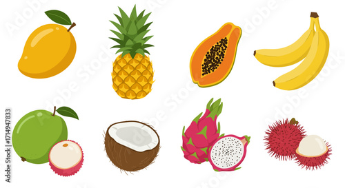 Eight cartoon fruits including mango pineapple papaya banana guava lychee coconut dragon fruit and rambutan