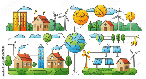 Sustainable energy solutions with solar panels and wind turbines in eco-frien…
