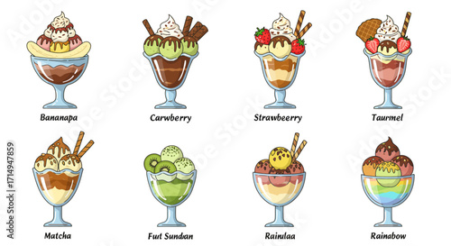 Eight sundae desserts with various fruit and chocolate toppings in glass dishes