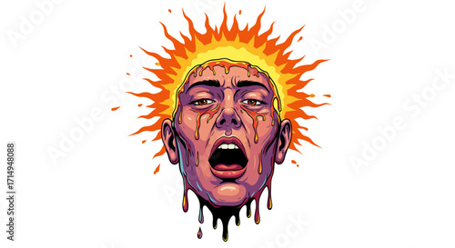 Vibrant melting face with fiery sunburst in psychedelic pop art style