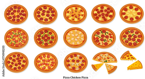 Fifteen pizzas with various toppings arranged in a grid pattern