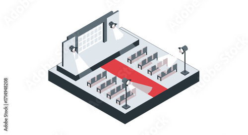 Isometric View of a Modern Stage with Seating and Red Carpet.
