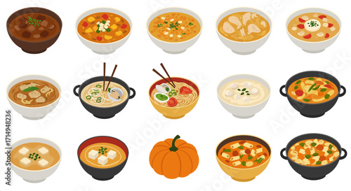 Foodthemed image with 14 bowls of soup or noodles and a pumpkin