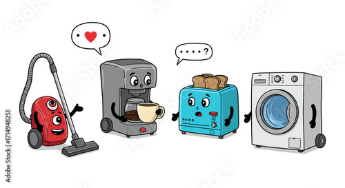 Adorable cartoon appliances with playful expressions and dialogues