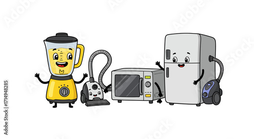 Charming cartoon kitchen and home appliances with cute smiles
